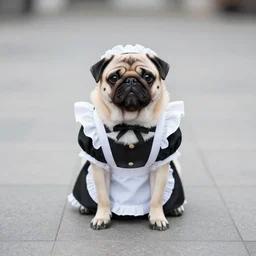 cosplay photo of a cute pug wearing a french maid costume, canon eos r 3, f / 1. 4, iso 2 0 0, 1 / 1 6 0 s, 8 k, raw, unedited, symmetrical balance, wide angle