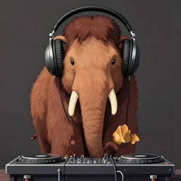 matte symmetrical portrait of a woolly mammoth dj with big headphones, dank dubstep. a strongly symbolic artwork by studio ghibli