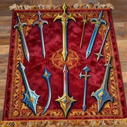 Enchanted Fantasy Weapons displayed on a velvet rug. trending on artstation, vibrant palette, boldly-inked gouache artwork, acrylic painting on oiled canvas, highly detailed digital illustration