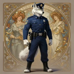 full body photography of a male anthropomorphic albino wolf fursona, police uniform, deep focus, intricate, elegant, highly detailed, digital painting, artstation, concept art, matte, sharp focus, illustration, art by artgerm and greg rutkowski and alphonse mucha