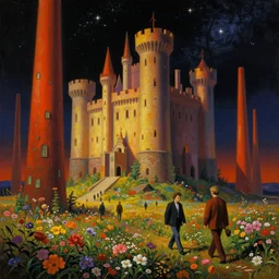 a beautiful painting of a large walking castle in a field of flowers by moebius, underneath a star filled night sky, harold newton, zdzislaw beksinski, donato giancola, warm coloured, gigantic pillars and flowers, maschinen krieger, beeple, star trek, star wars, ilm, atmospheric perspective