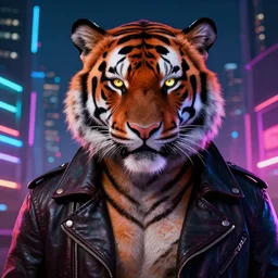 a beautfiul award winning commission portrait of an anthro tiger in the neon cyberpunk city at night,wearing a leather jacket,glow effect,detailed face,photorealistic,character design by charles bowater,ross tran,deviantart,artstation,digital art,hyperdetailed,realistoc,western comic style,vfx,dramatic