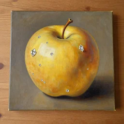 a painting of golden apple with diamonds, on the wooden table, by ivan shishkin and rembrandt