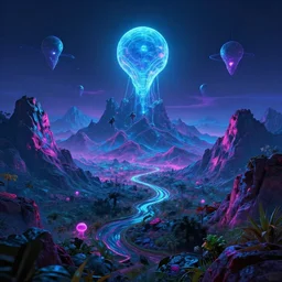 a beautiful neon alien landscape, mountains