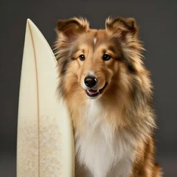 a photo of a sheltie mocking a crying blonde surfer girl