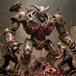 movie still of flayed god machines, in full battle chaos, intricately macerated by age, sentient, dethroned goliath machine, blood turbines, hydrocracking battles, rusted, macerated, eviscerated by fimbria wires, bicornate fungal pit, gastric necro sheen rotting, by alberto bontempi, alex ross, shigeru