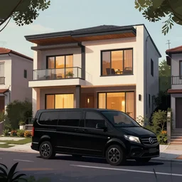 a black van parked in front of an expensive modern house in a nice neighborhood, dramatic lighting, illustration by Greg rutkowski, yoji shinkawa, 4k, digital art, concept art, trending on artstation