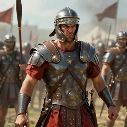 a roman solider going into battle with a face that is angry and one that of breavey, 4 k, unreal engine 6, very detailed, high quality, painting,
