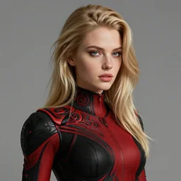 hyper realistic, blond attractive american women, art by shiin, intricate, ultra detailed, photorealistic, black and red colors, trending on artstation, octane render, 4 k, 8 k