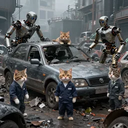 car dump with the remains of robots. gloomy future. people are cats in work clothes. anthropomorphic cats in the middle of a car dump. artstation trend, 4 k, high detail. wow. digital render