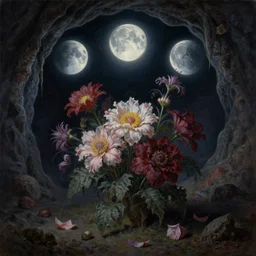 a cinematic masterpiece still life painting of gothic flowers blooming in an alien planetary cave at midnight, three moons, by Alex Grey, by Wayne Barlowe, by Tim Hildebrandt, by Bruce Pennington, by Zdzisław Beksiński, by Paul Lehr, oil on canvas, masterpiece, trending on artstation, featured on pixiv, cinematic composition, beautiful lighting, sharp, details, details, details, hyper-detailed, no frames, HD, HDR, 4K, 8K