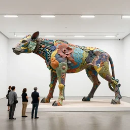 etablishing wide view shot of stunning colorful fascinating massive * poetic * sculpture of a mythic creature animal clay body with element of nature by * beth cavener * in empty empty white space exposiion. elegant animal living form. with collaboration of ellen jewett, zhelong xu, beth cavener, sayaka ganz, edouard martinet, john o'