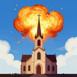 a church exploding into flames, blue sky with clouds, digital art