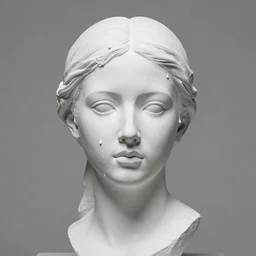solid white sculpture of a young woman's head, paint is dripping down her face