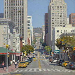 a painting of a large city street in san francisco in summer, by ben aronson