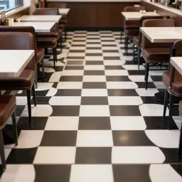 photo of a restaurant with checkerboard floors