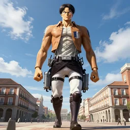 a photo of giant colossal titan from attack on titan walking over madrid, 4 k.