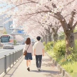 i walk in tachikawa - shi, tokyo. volumetric lighting, spring, nice weather, realistic illustration, perfectly shaded, soft painting, art by krenz cushart and wenjun lin