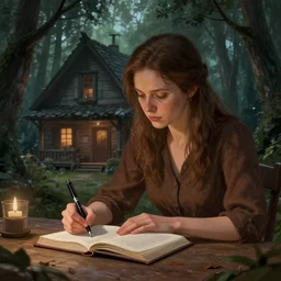 a brown female author writing a book with a pen in an eerie cottage in the woods, detailed digital art, trending on artstation, realistic! 8k, anatomically correct