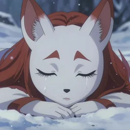 anime kitsune girl sleeping in snow den, tears, symmetrical face, detailed eyelashes, depth focus, chromatic aberration, noise, soft lighting, srgb, 4 k, cinematic rembrant kuvshinov ross tran craig mullins leyendecker wlop guweiz