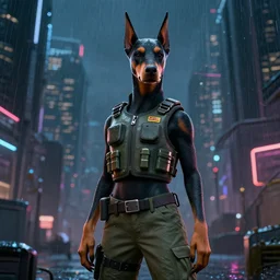 female furry anthropomorphic doberman, bullet proof vest, cargo pants. cyberpunk city, night, rain. hyper detailed, dynamic background, digital art, trending in artstation, cinematic lighting, studio quality, smooth render, unreal engine 5 rendered, octane rendered, art style by klimt and nixeu and ian sprigger and wlop and krenz cushart
