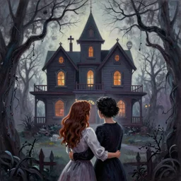 Two women holding each other lovingly admiring their haunted house, the composition is framed by branches of a spooky tree, acrylic painting