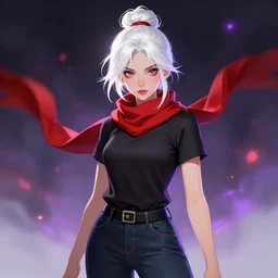 portrait of a pretty girl sorcerer with white hair in a messy hairbun. She is wearing a short black tshirt, jeans pants, a red scarf. magic atmosphere, digital art, character design. in the style of wlop, rossdraws, artstation trending