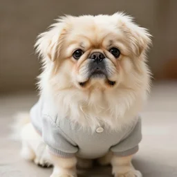 a cute pekingese wearing a sweater, high resolution photo