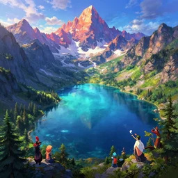 mountain lakes, digital art, concept art, magic fantasy, vibrant colors, high contrast, highly detailed, trending on artstation, 8k andreas rocha, sylvain sarrailh, studio ghibli, darek zabrocki, finnian macmanus, dylan cole, liang mark, albert bierstadt, sung choi, peter mohrbacher, greg rutkowski