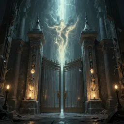 the gates of hell by beksinski, beuckelaer, glowing lights, bomberg, carus, moebius, delvaus, ellis, peter elson, giger, jansson, john martin, phillips coles, pollock, watrous. mysticism brutalism, ethereal, unsettling, artstation, 8 k, rendered, 3 d