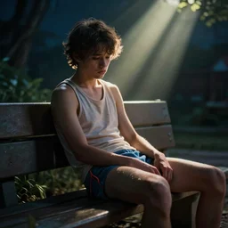 patrick with a sad!!! expression slouching on a bench in the bikini bottom, global illumination!!! dim lighting, midnight, cinematic, extremely detailed, beautiful, stunning composition, beautiful light rays, trending on artstation