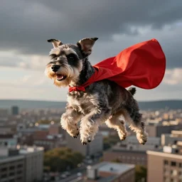 a zwerg schnauzer flies over the city in a super cape