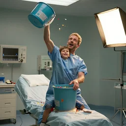 photo still of rip taylor in patient surgery room!!!!!!!! at age 5 4 years old 5 4 years of age!!!!!!! throwing confetti from a bucket, 8 k, 8 5 mm f 1. 8, studio lighting, rim light, right side key light