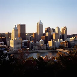 an apocalyptic Pittsburgh, medium format photography taken from Mount Washington, Fuji velvia, 4k, golden hour