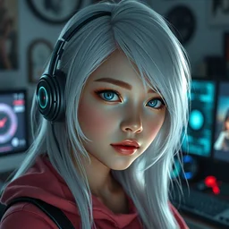 gamer girl in her room, white hair, blue eyes, beautiful, perfect face, highly detailed, computers, gadgets, scifi, hyperrealistic, artstation, art by jacek pilarski and anna korolchuk and lu jieyun and nicholas legault