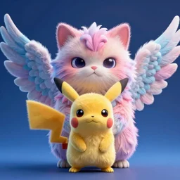 high quality 3 d render hyperrealist very cute multipastel fluffy! grumpy chimera! cat hybrid with detailed fluffy wings!!, vray smooth, in the style of detective pikachu, hannah yata charlie immer, dramatic blue light, low angle, uhd 8 k, sharp focus