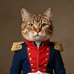 portrait of cute brown cat with serious expression wearing 1 8 th century royal guard uniform in navy blue and red, joseph ducreux, greg rutkowski