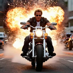 a candid shot of Chuck Norris riding a giant motorcycle towards the camera, explosions in the background, 30 mm