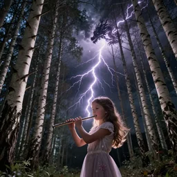 young girl playing flute in the middle of a birch forest during a storm at night, lightning dragons race down toward her, low angle facing sky, cinematic, dramatic lighting, high contrast
