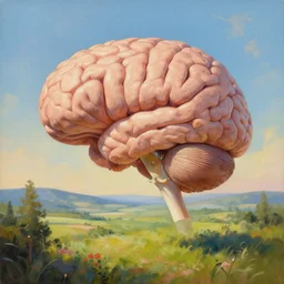 photo - realistic, beautiful painting of a giant brain floating in a beautiful landscape