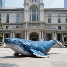 whole body real image of blue whale lying on the ground in city hall, photograph by animal planet, by discovery channel