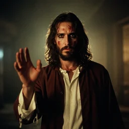 A photo of Jesus as a horror movie slasher villain, f/22, 35mm, 2700K, kodachrome, award winning photography