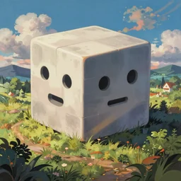 beautiful painting of companion cube in a beautiful landscape, anime, studio ghibli, makoto shinkai, rhads