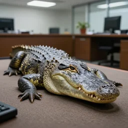 photorealistic alligator in an office. hyperdetailed photorealism, 1 0 8 megapixels, cinematic lighting