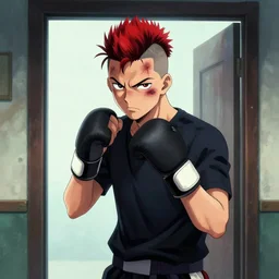 a young man of 2 5 years old, with a bruised face and bruises, is standing in a doorway in a boxer's stance, angry mood, by james jean art, manga style, hairstyle red mohawk, cold colors, illustration, 8 k