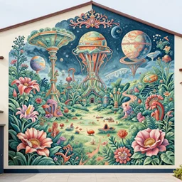 beautiful patterned mural depicting a lush floral oasis in a beautiful alien planet, intricate painting, highly detailed, masterful, fantasy world, in the style of sandro botticelli, caravaggio, albrecth durer