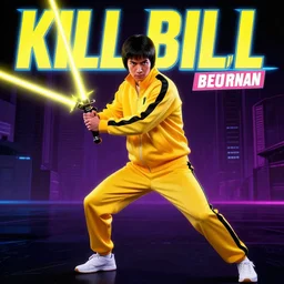 “ uma thurman in a yellow tracksuit from kill bill, in a fighting sword stance, holding a yellow lightsaber, highly detailed, 8 0 s pop neon movie poster, kill bill iii blocky movie title ”