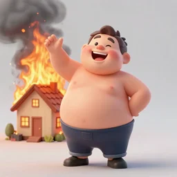 a fat man very happy that his house is burning, big fire. - w 7 0 4