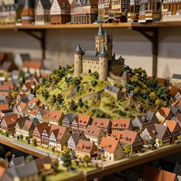 a detailed model on a shelf covered with glas of a german medieval town from 1 4 2 0 with a castle on a hill in the middle, tilt shift photograph 8 k