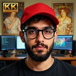 hyperrealist portrait of a young ducktail bearded middle eastern american male wearing black wayfarer glasses and red baseball cap, computer room background. by jeremy mann and alphonse mucha, fantasy art, photo realistic, dynamic lighting, artstation, poster, volumetric lighting, very detailed faces, 4 k, award winning